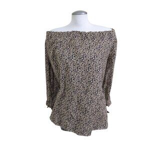 Womens Plus Size 3X Linen Blend Off Shoulder Leopard Top 3/4 Sleeves Tan Black